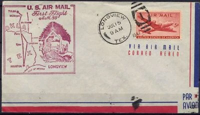 Cover First Flight United States, 1947. Longview. Longview to Tusla. Air Mail - Image 1 of 3