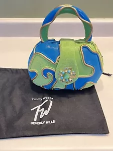 BORSA TIMMY WOODS RARA BLU VERDE ORO GEOMETRICA INTAGLIATA A MANO FRIZIONE PELLE - Foto 1 di 10