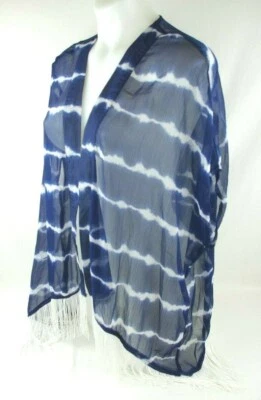 Arizona Navy White Sheer Cardigan With White Fringe Girls/ Kid's Sz Medium 10-12 - Image 1 of 4