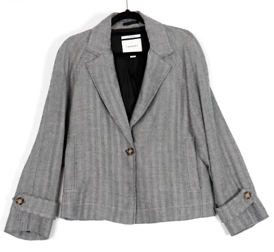 Trenery Womens Linen Wool Blend Blazer Size 8 Black Herringbone Relaxed Jacket - Image 1 of 4