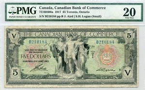 1917 $5 Canadian Bank of Commerce, Logan (Small) - Very Fine, PMG VF 20 - Picture 1 of 2