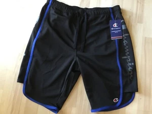 NEW Men’s Champion Script Black/Blue Stripe Shorts 2 Pockets Drawstring M Medium - Picture 1 of 4