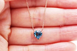 14k Gold Heart London Topaz Necklace/14k Gold Blue Gem Necklace/Heart Necklace - Picture 1 of 4