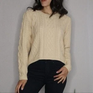 Beige Round Neck Cable Knit Sweater Featuring Elbow Patches Asymmetrical Hem - Picture 1 of 9