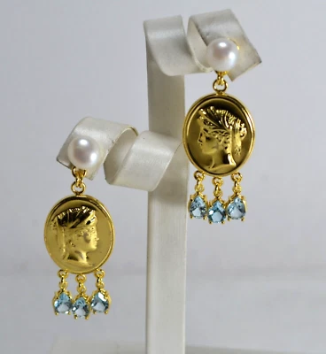 ORECCHINI ARGENTO 925 DORATI PERLE D'ACQUA DOLCE GOCCE TOPAZIO AZZURRO AGHT 0965 - Immagine 1 di 3