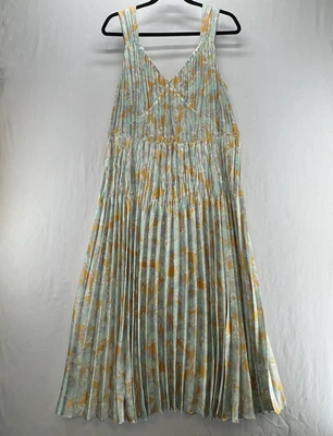 Vestido sin Mangas Vince Lotus Cuello en V Plisado Talla L Satén Floral Multicolor Foto 1 de 4