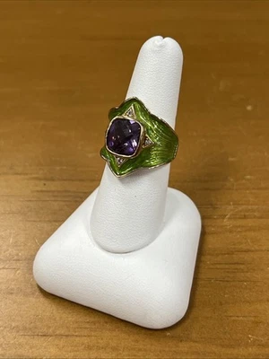 Michelle Albala 925 银紫水晶绿色珐琅镀金戒指 尺寸 7 25 — 第 1/4 张图片