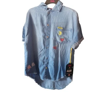 Justice Girls Pac Man Denim Shirt Blue Snap Short Sleeve Sz M (10) Ghost Gang - Picture 1 of 7