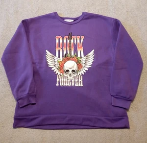 Women's BIRCH & STONE purple ROCK FOREVER skull head & wings sweatshirt size L - Picture 1 of 4
