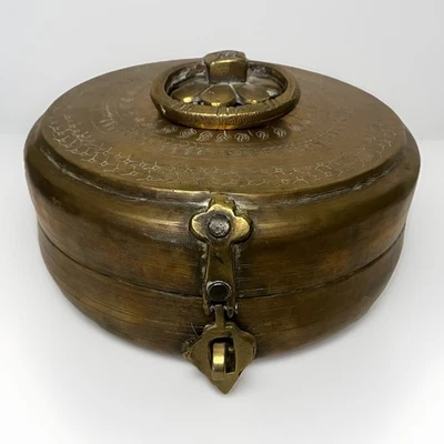 Antique Brass Chapati Bread Box Original Old Hand Crafted Engraved Round 9”x 4” - Image 1 of 4