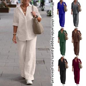 Women's Cotton Linen  Polyester Suit Long Sleeve Shirt Loose Pants Set Casual# - Picture 1 of 37