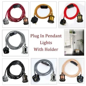 2M/4M Stoff Flex Kabel Stecker in Pendelleuchte Leuchte Set E27 Birnenhalter + Schalter - Bild 1 von 19