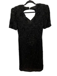 Abito Scala seta nero perline floreale donna taglia S buco della serratura schiena glam vintage - Foto 1 di 12
