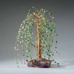 Genuine Green Aventurine Gemstone Willow Tree on Fluorite Base (12”) - Picture 1 of 6