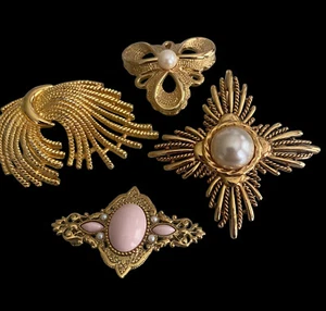 Vintage brooches set of four gold toned faux pearls wheat straw￼ - Picture 1 of 20