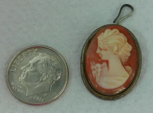 Vtg Sterling Silver Carved Carnelian Shell Portrait Side Lady Pendant With Hook - Picture 1 of 16