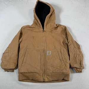Vintage 90's Youth Carhartt Beige Duck Active Hooded Jacket Workwear Small 7-8 - Picture 1 of 14