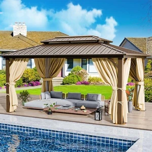 10' x 12' Outdoor Hardtop Gazebo Canopy w/ Aluminum Frame Sidewalls, Brown NEW# - Picture 1 of 22