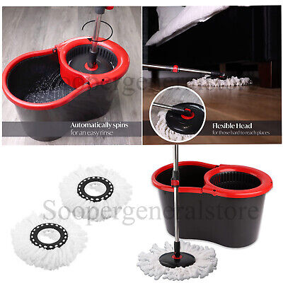 Mop Bucket Set 360° Spin Rotating Spining + 2 Mop Heads Flexible Microfibre • 4.89£