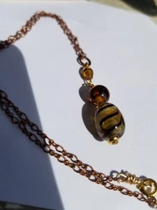 Artisan Vintage brass necklace with Amber Lampwork beads spring ring clasp 17" - Picture 1 of 6
