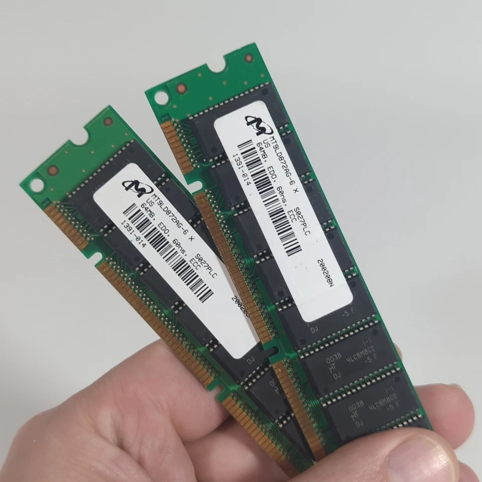 Micron EDO ECC DIMMs - 2x 64MB Single Sided 60ns, 128MB Total - Fully Tested - Image 1 of 4