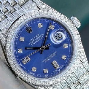 Mens Rolex Datejust Diamond Watch Blue Dial 36mm Iced Out Jubilee Band - Picture 1 of 15
