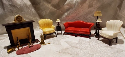 Vintage Renwal Dollhouse Living Room Furniture - Couch - Chairs Lamps Fireplace - Image 1 of 4