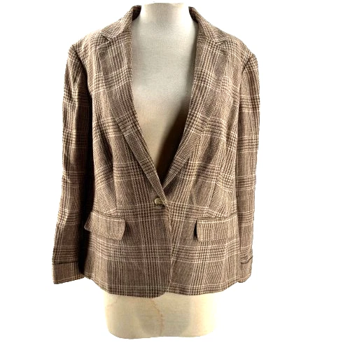 Lauren Ralph Lauren 100% Linen Houndstooth Blazer Womens 18w Tan Old Money Plaid - Image 1 of 4