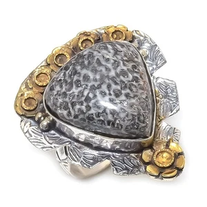 Natural Stingrey Coral Gemstone 925 Sterling Silver Two Tone Ring Size 9 Gift c2 - Picture 1 of 6