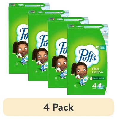(4 pack) Puffs Plus Lotion Facial Tissues, 4 Family Box, 124 Tissues per Box