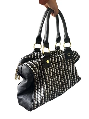 Big Buddha Satchel Shoulder Bag Purse Black White W Gold Hardware - Image 1 of 4