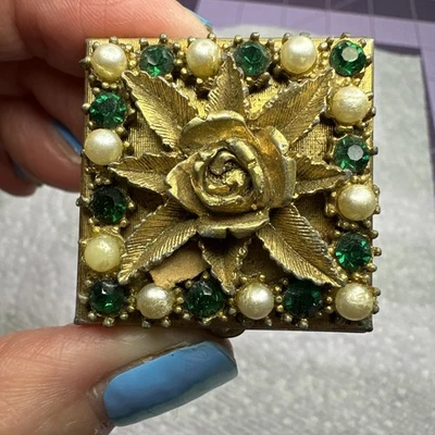 Beautiful Metal Gold Tone with Faux Pearl Green Rhinestones Pill/Trinket Box VTG - Image 1 of 4