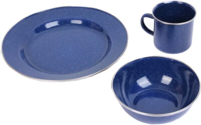 Blue Enamel Camping Dinner Set - Outdoor Plate Bowl Cup Mug Picnic Hiking Food - Image 1 of 4