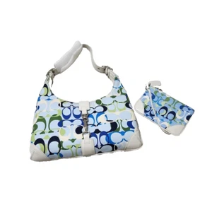 Bolso Hobo Cartera Coach Signature Borde de Cuero con Muñequera a Juego Azul y Blanco - Imagen 1 de 12