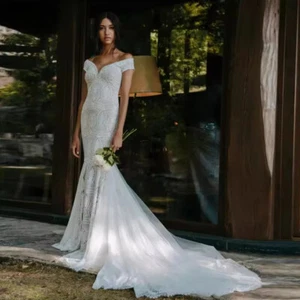 Vintage Lace Wedding Dresses Off the Shoulder Side Slit Bohemian Bridal Gowns - Picture 1 of 12