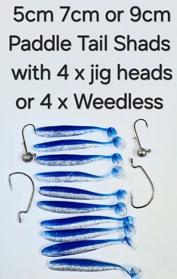 Blue x 10 Shad Paddle Tail Soft Lures 5cm 7cm 9cm  Hook Weedless or Jig Head - Image 1 of 4