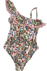 Goldenpoint Swimsuit Girls Sz 14 Pink Pompom OnePiece Side Shoulder Paisley - Picture 1 of 6