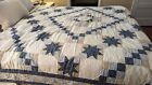  Vtg Handmade Hand Quilted Eight Point Star Quilt 75x80 full/ Queen Blues grays