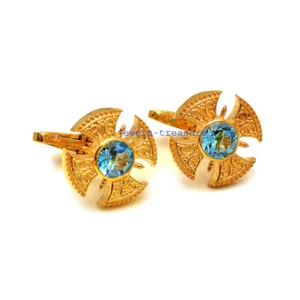 Natural Blue topaz Gemstone with 925 sterling silver Gold Plated Men's Cufflinks - Picture 1 of 3