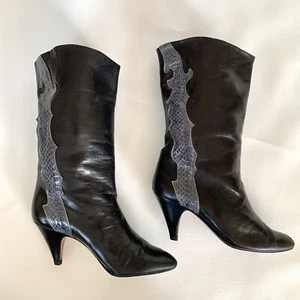 Casadei Black Leather Mid Calf Pointed Toe Grey Snake Detail Boots EUR 36 - US 5 - Picture 1 of 12
