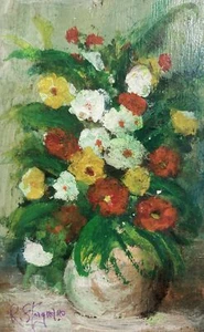 Vintage Original Miniature Oil Painting -Flowers Still Life on Board -Signed - Picture 1 of 6