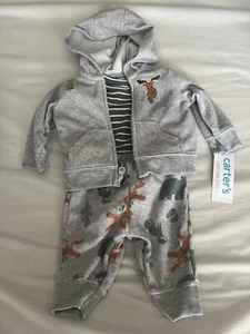 Carters infant Boys 3pc Moose Baby Outfit Gray Hoodie Jacket Bodysuit & Pants NB - Picture 1 of 7