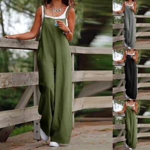Women Solid Casual Pockets Sleeveless Suspender Pants Wide Legs Rompers Jumpsuit - Picture 1 of 26