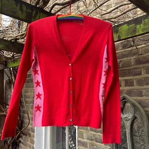 MARILYN MOORE RED & PINK STAR CARDIGAN SIZE S - Picture 1 of 9