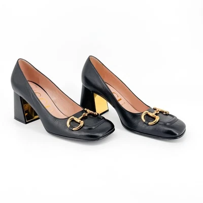 Gucci Baby Horsebit Black Leather Block Heel Pumps Shoes Size 39 US 9 Women's - Image 1 of 4