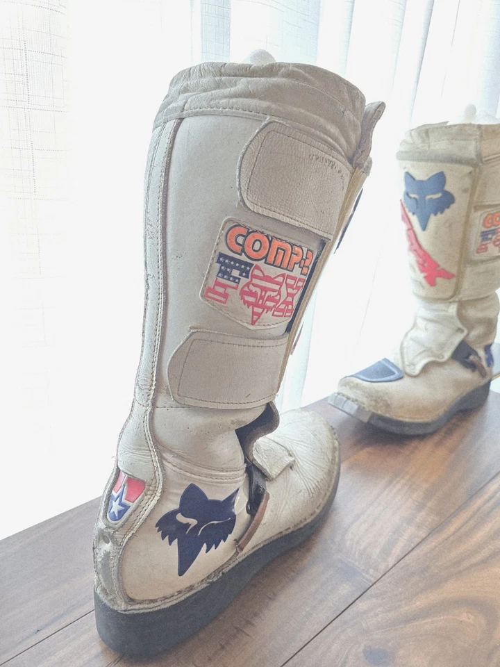 Botas de motocicleta Fox Comp 2 Rick Johnson 1986 blancas de cuero suave talla 10 EE. UU. Foto 1 de 4