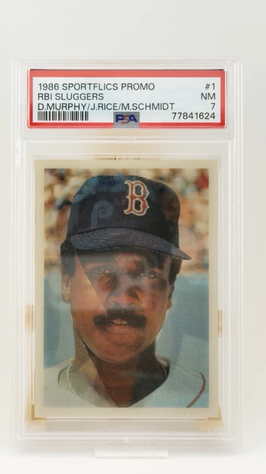 1986 Sportflics RBI Sluggers Promo #1 — Murphy / Rice / Schmidt — PSA 7 - Image 1 of 2