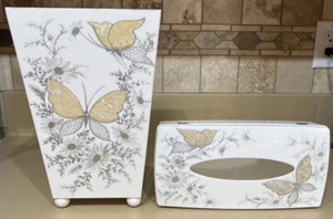 Vintage Mitchell Gould handbemalter Schmetterling Papierkorb und Taschentuchbox Abdeckung - Bild 1 von 17
