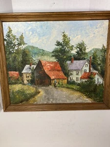 Original Oil on Canvas Board -Farm Houses Scene-24”x20”-Framed-Signed Gail ‘70 - Picture 1 of 10