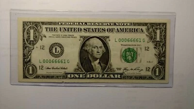 Fancy Serial Number 2006 $1.00 Bill Federal  Reserve Note. L 00066661 G. Four 6 - Image 1 of 4